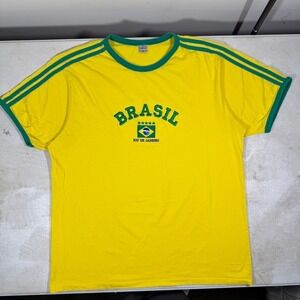 Brasil Rio de Janeiro Yellow Ringer T-Shirt Mens Large Green Trim Y2K